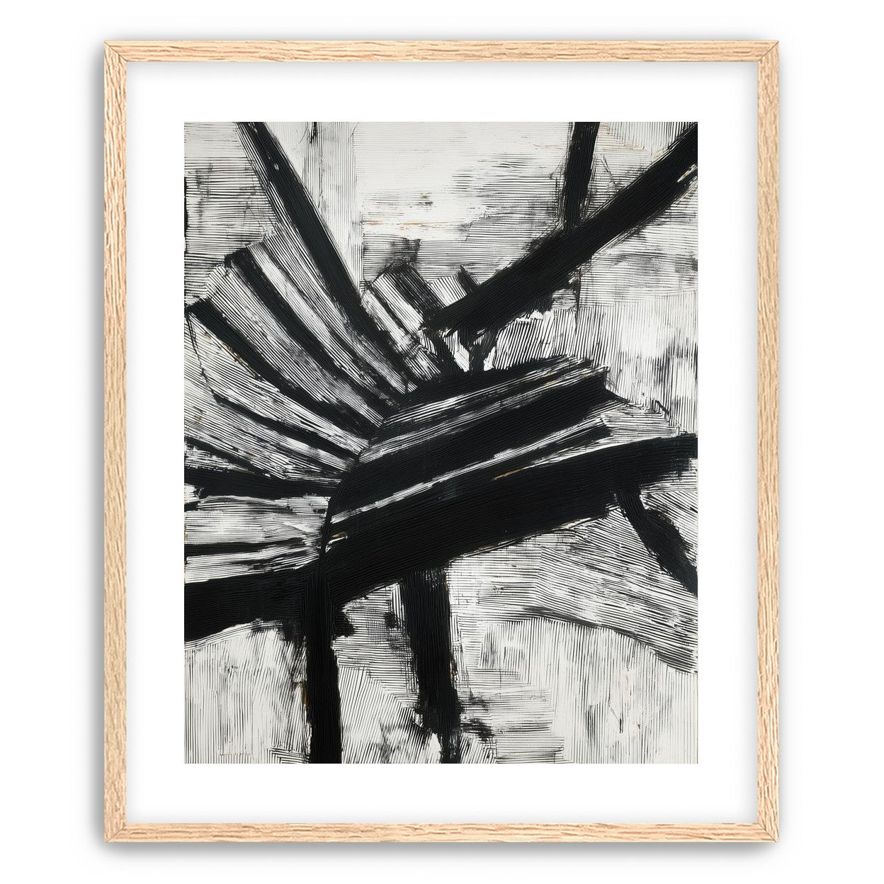Non-Representational: Thick black brushstrokes cross and stack over a white surface filled with fine scratched lines.