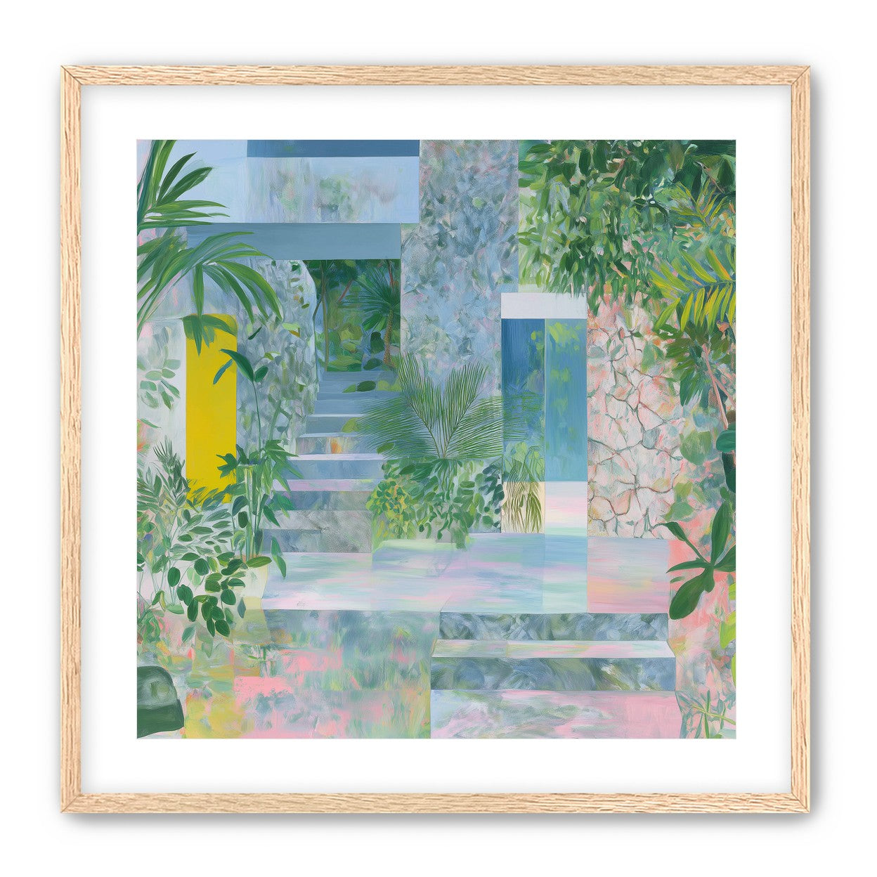 Pastel stairs between yellow and blue doors
