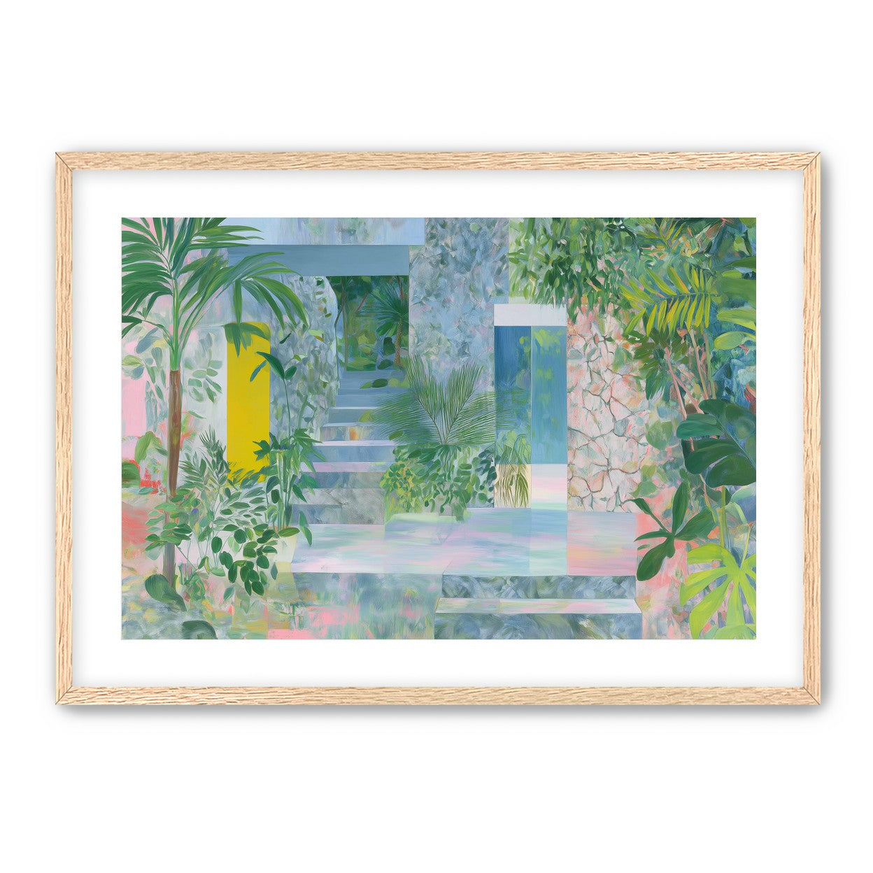 Pastel stairs between yellow and blue doors