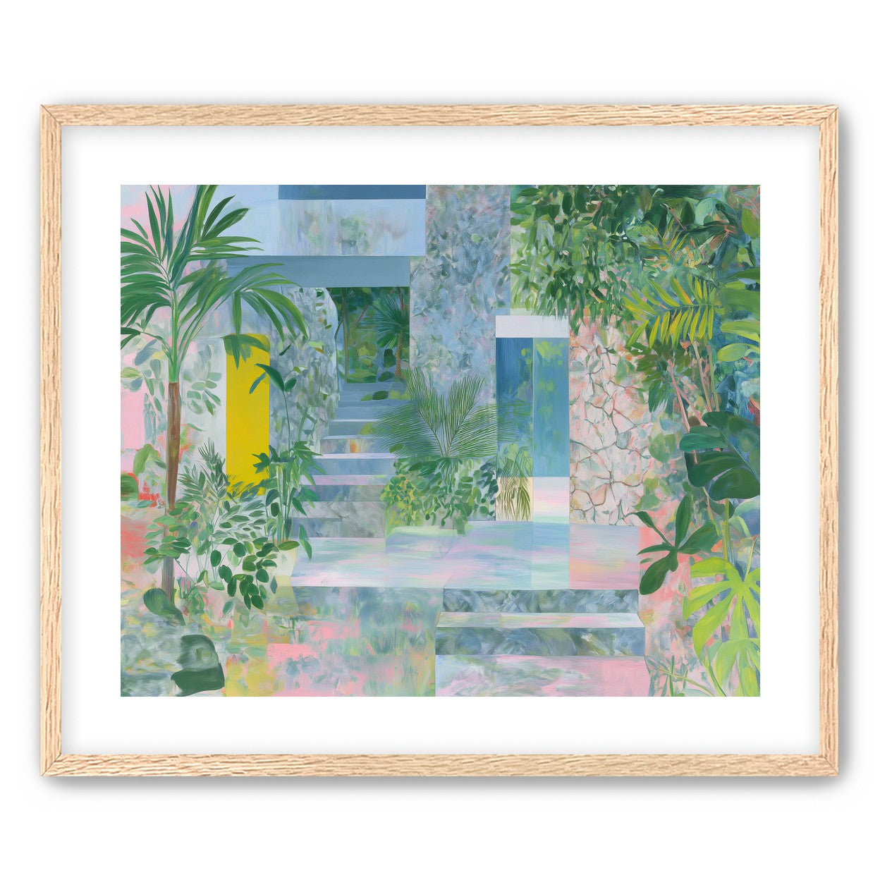 Pastel stairs between yellow and blue doors