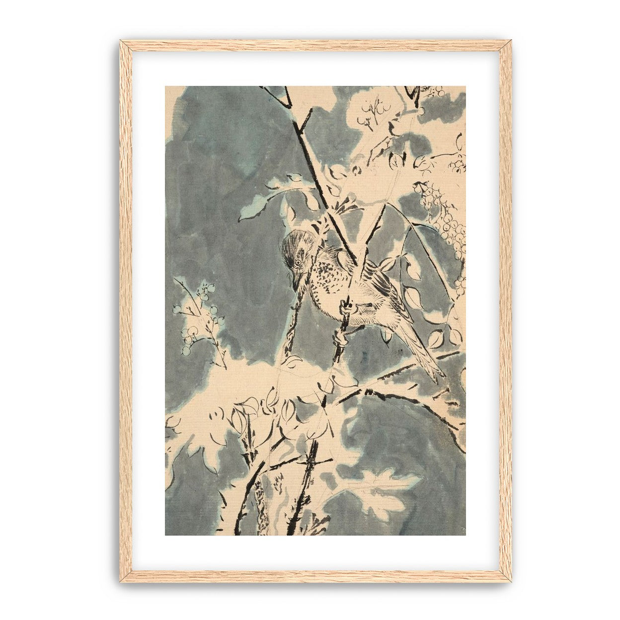 Quiet bird in berry branches