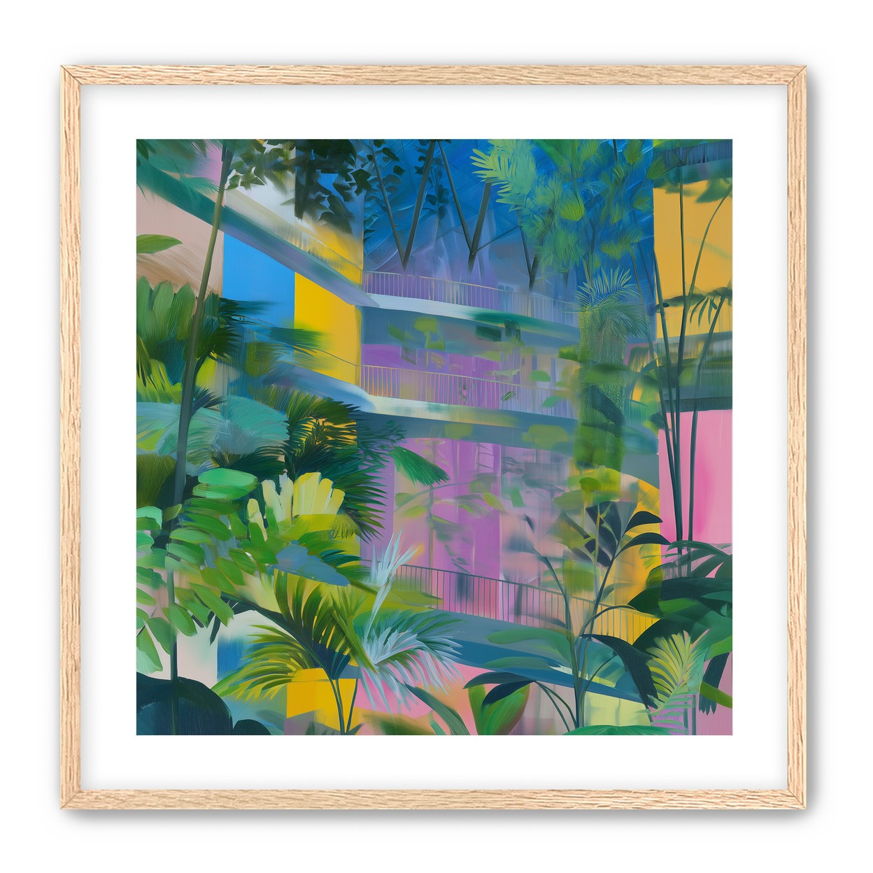Blue roof over pink atrium