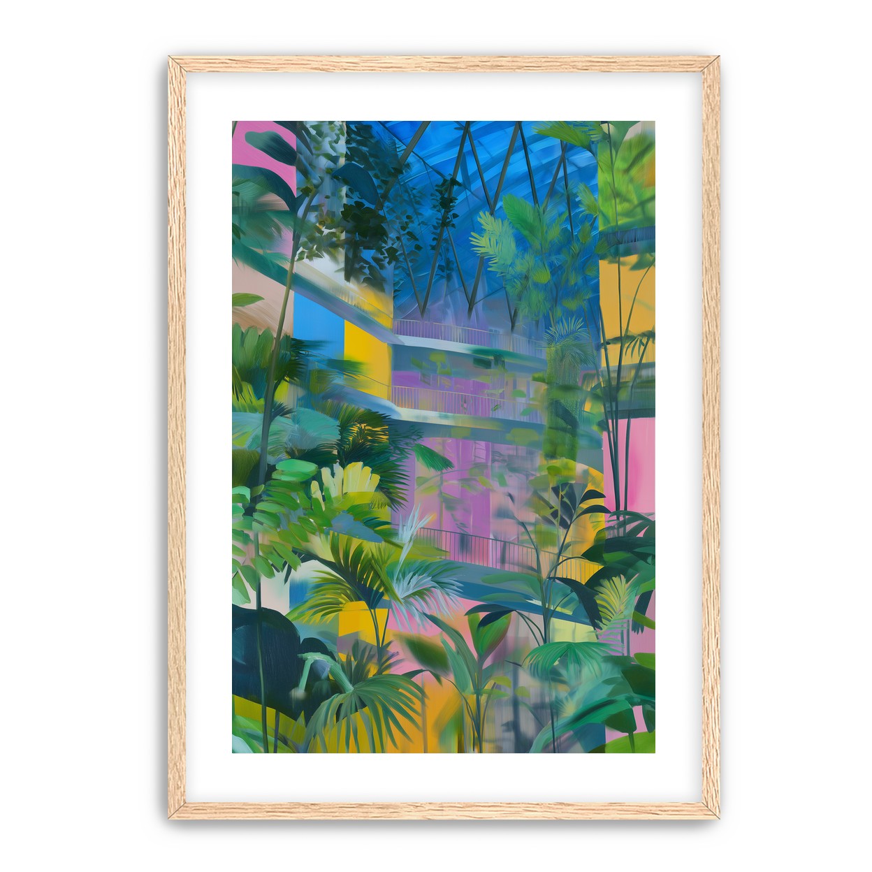 Blue roof over pink atrium