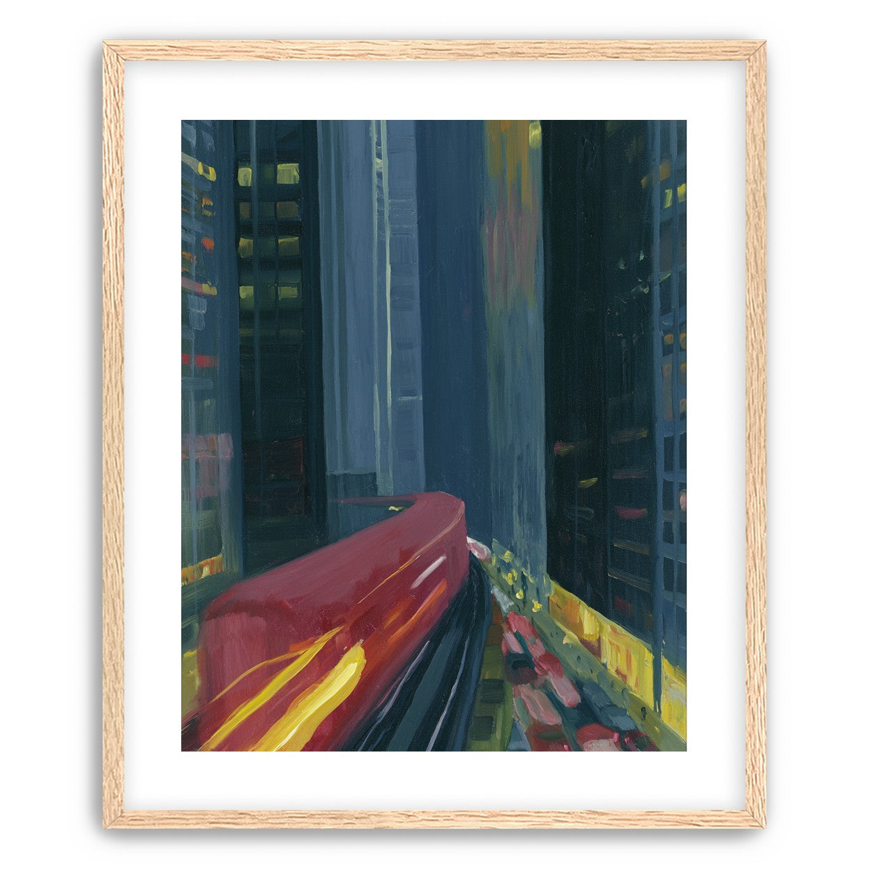 Red train in blue towers