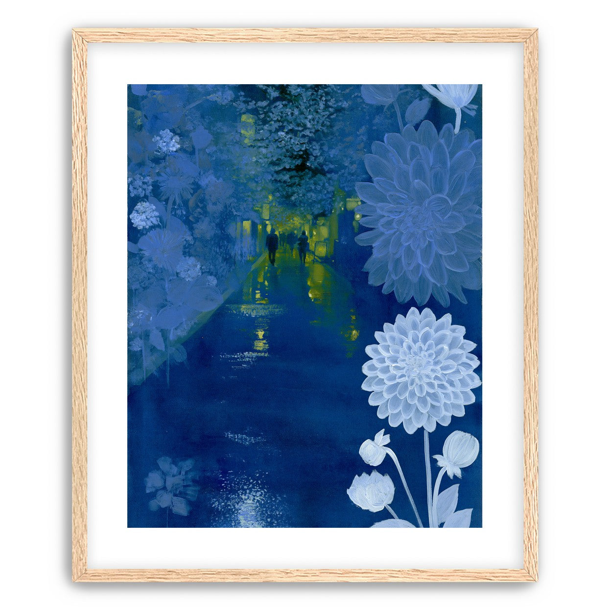 Two walkers under giant flowers