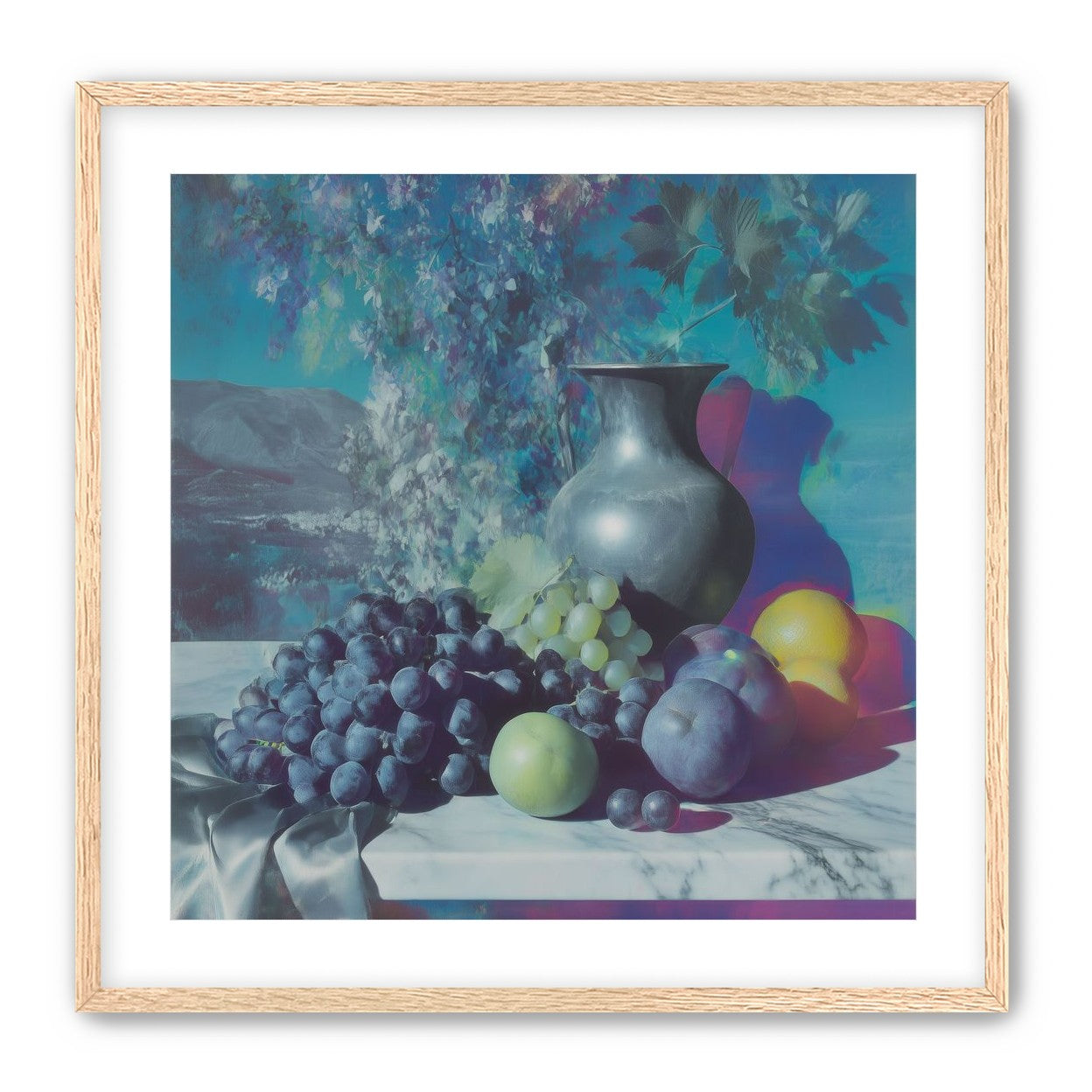Vase and fruit in blue haze