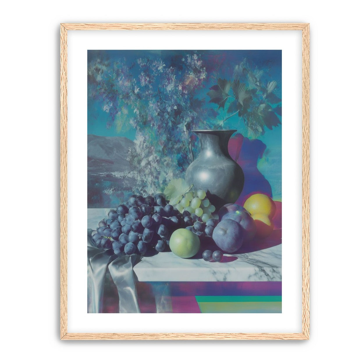 Vase and fruit in blue haze