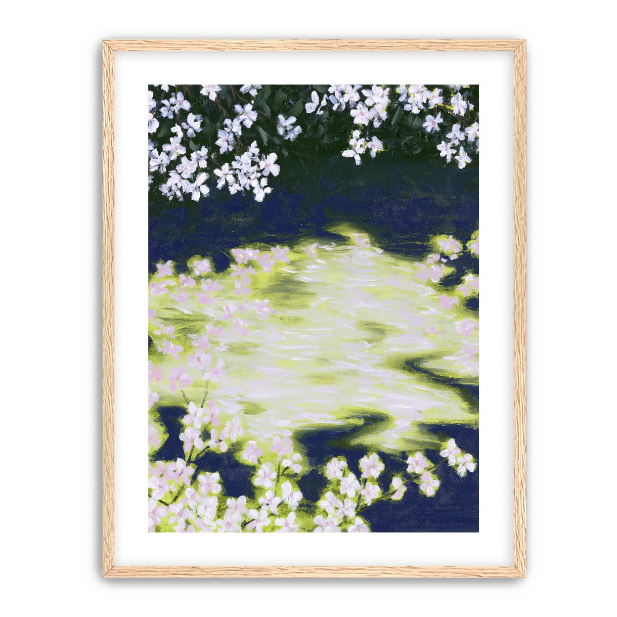 Petals crossing the bright water