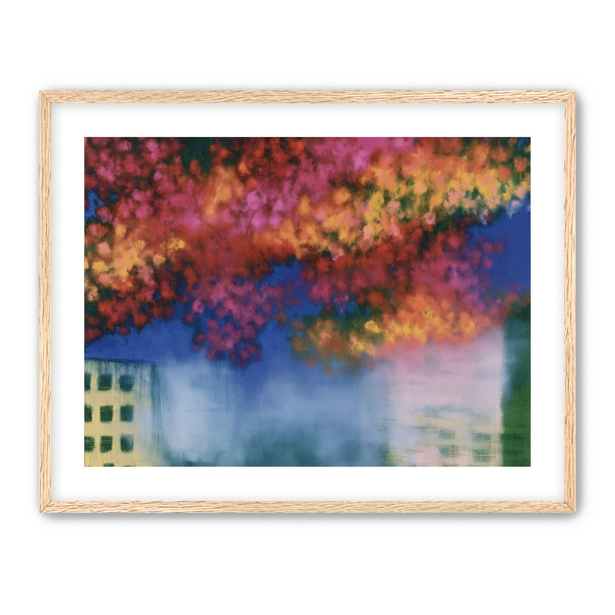Trees above blurred windows
