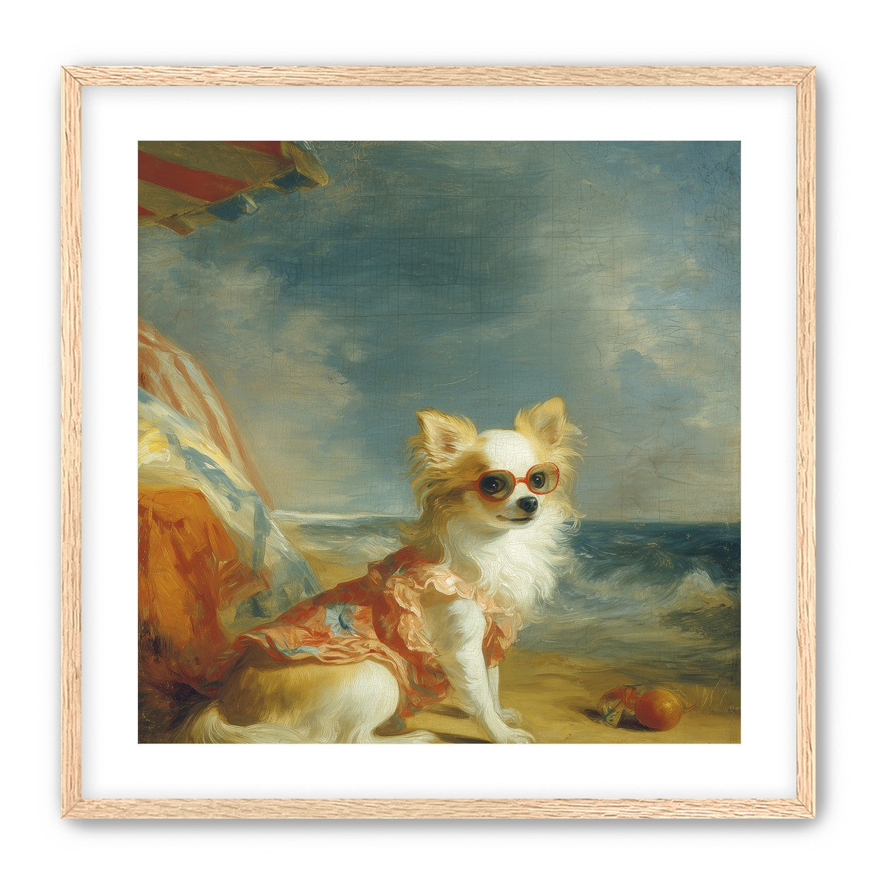 Seaside dog in red sunglasses
