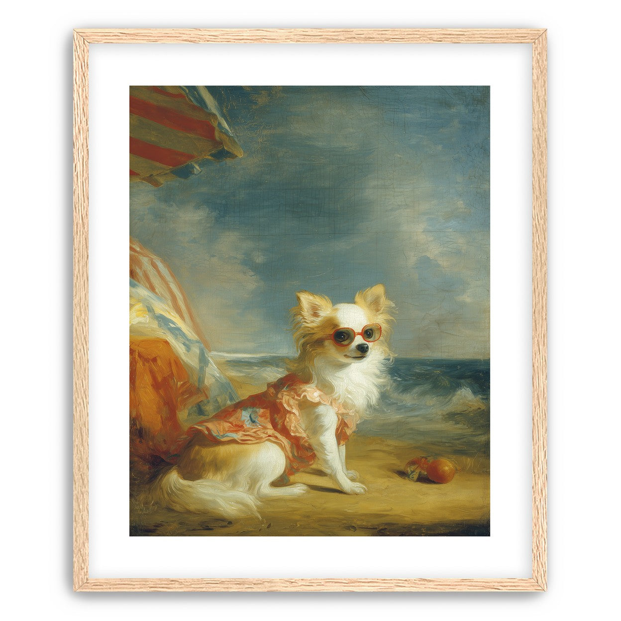 Seaside dog in red sunglasses