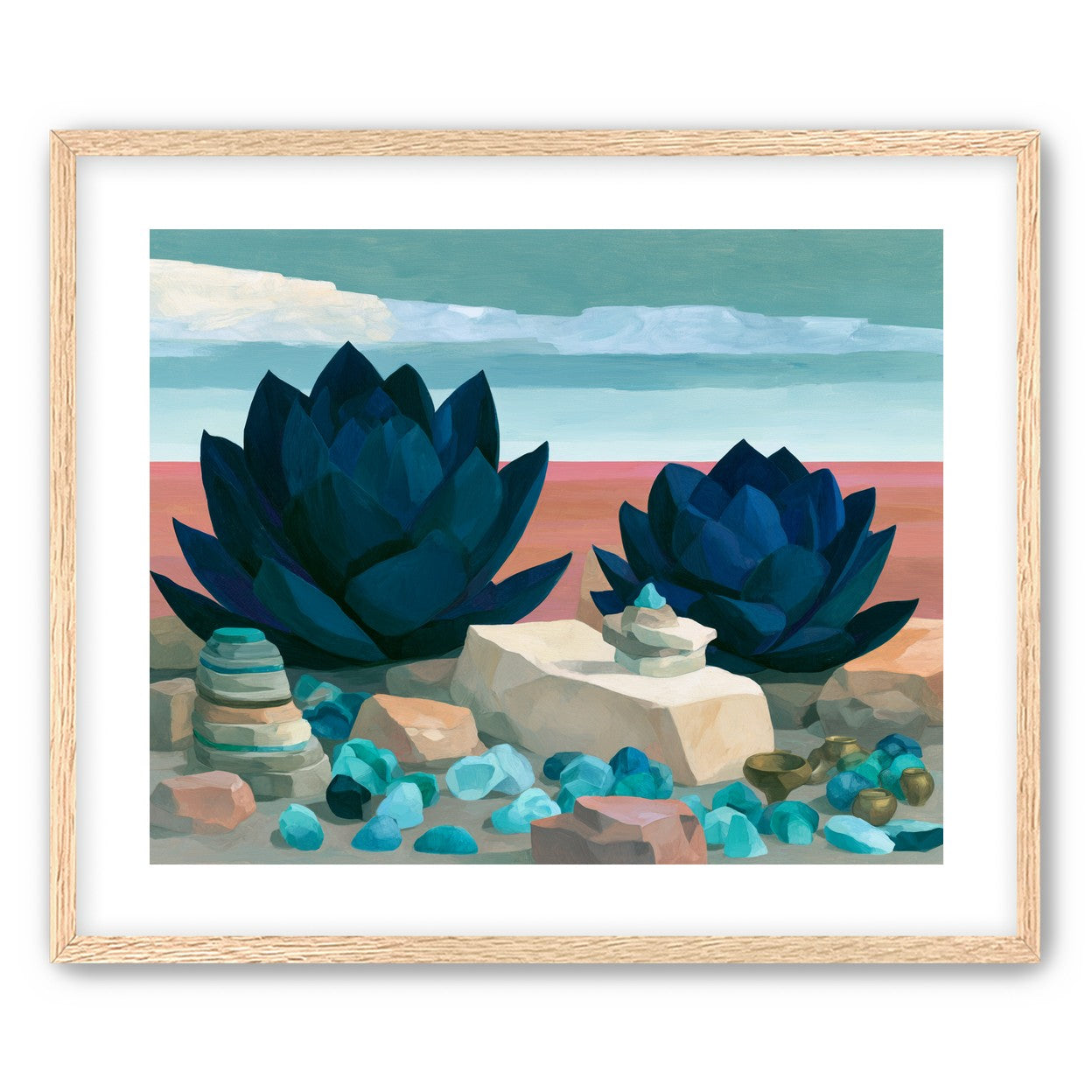 Deep blue blooms on coral ground
