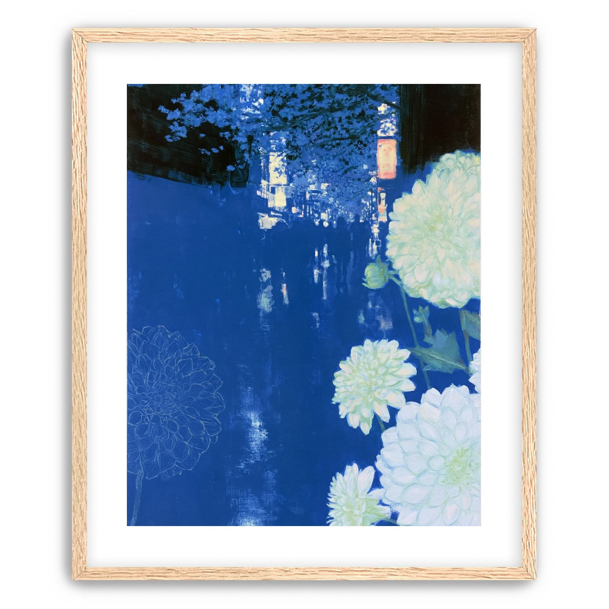 White blooms on blue canal
