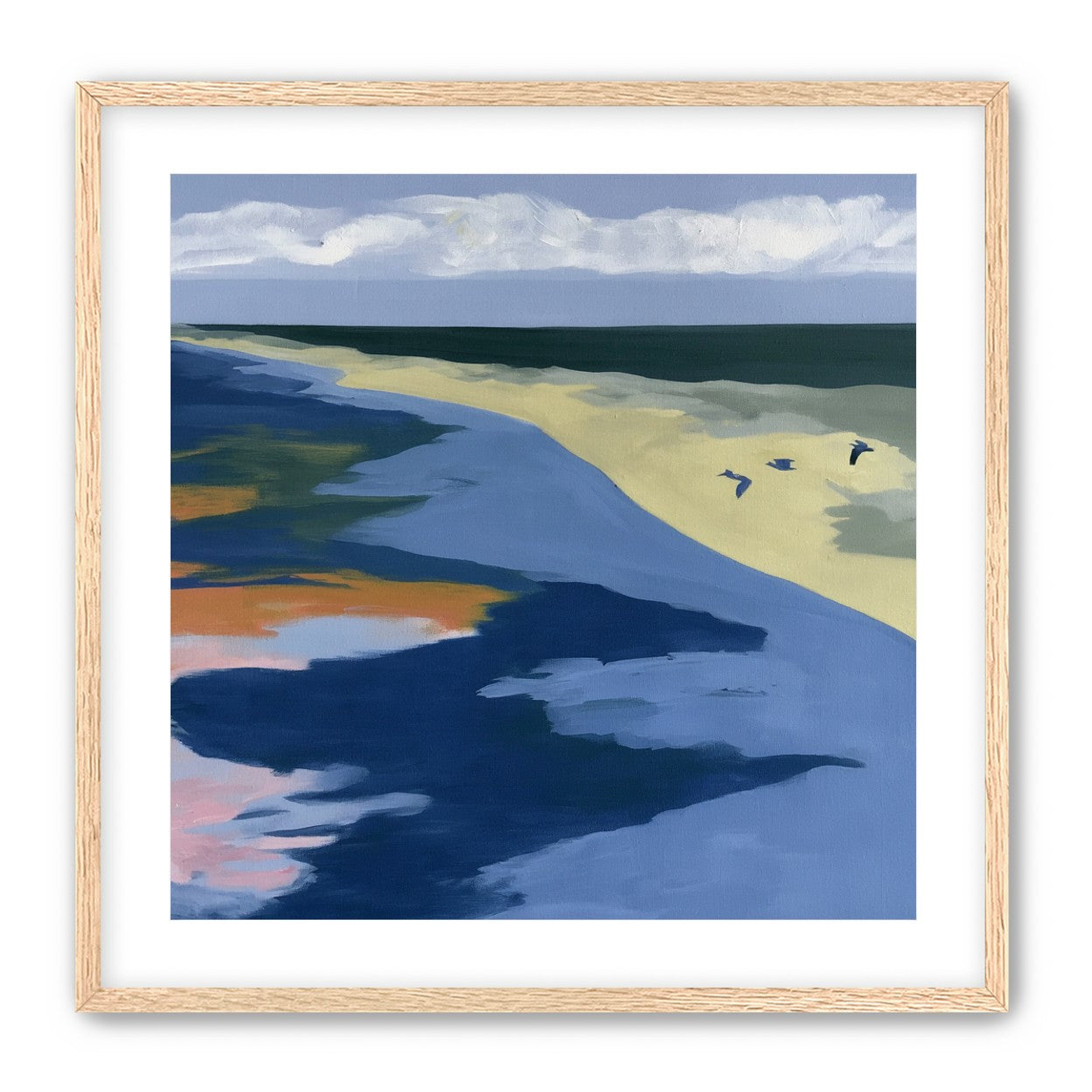 Birds over the pale shore