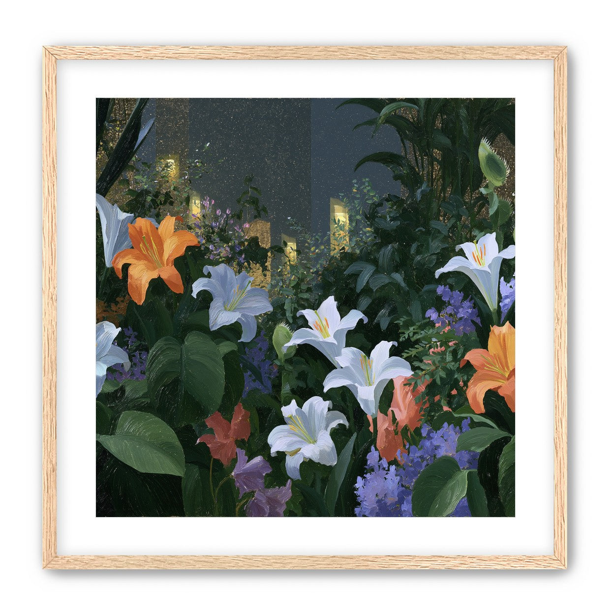 Lit windows beyond the lilies