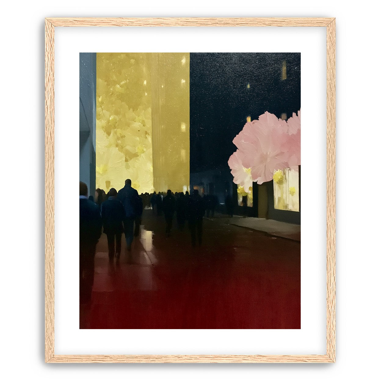 Crowd beneath the glowing wall