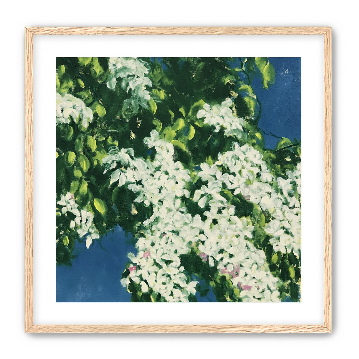 White blossoms on blue field