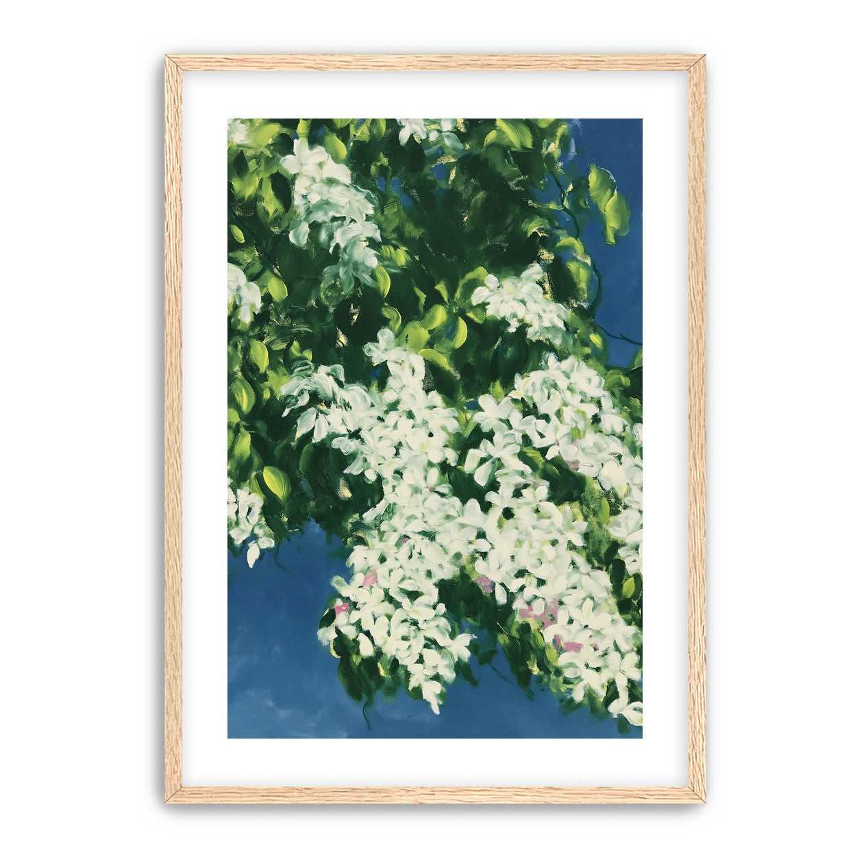 White blossoms on blue field