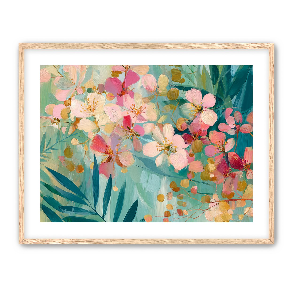 Blossoms over teal leaves