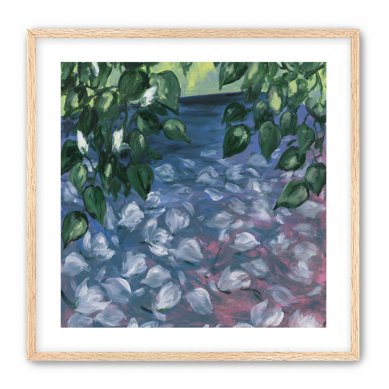 White petals on blue pond