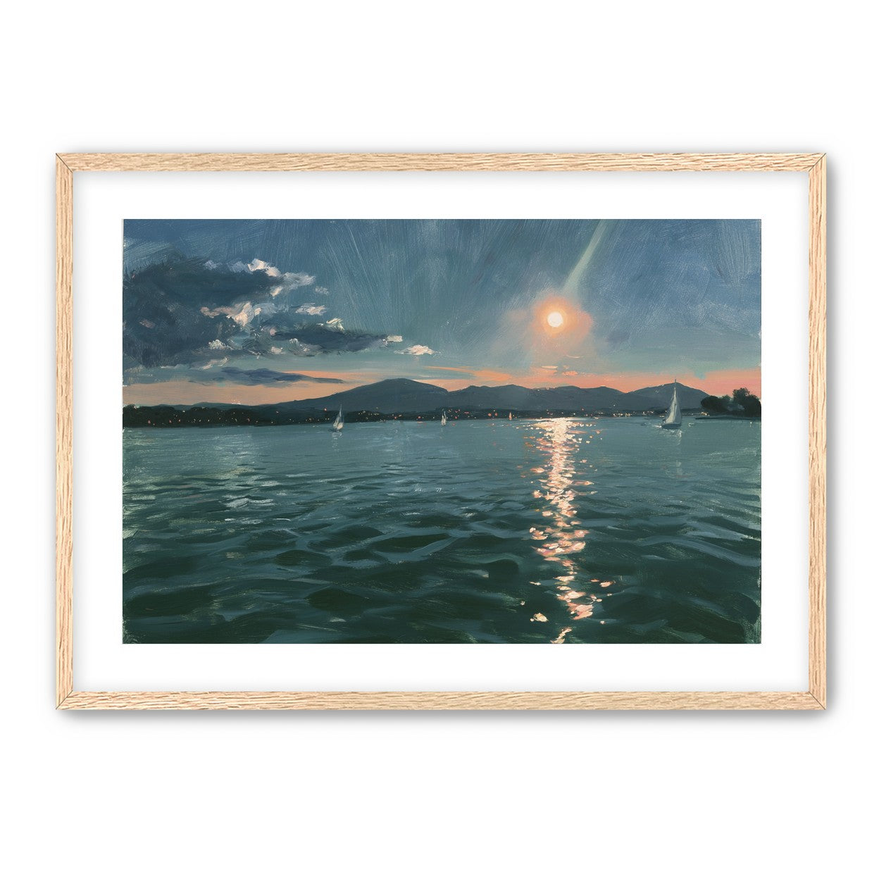 Peach sun on blue water