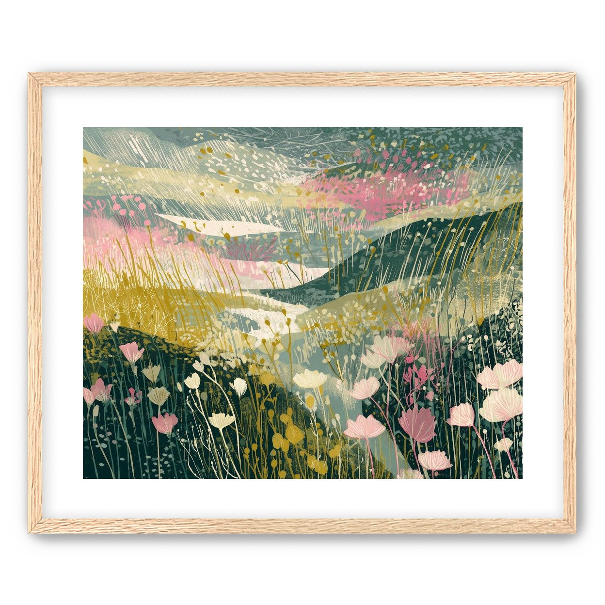 Wildflowers across layered hills