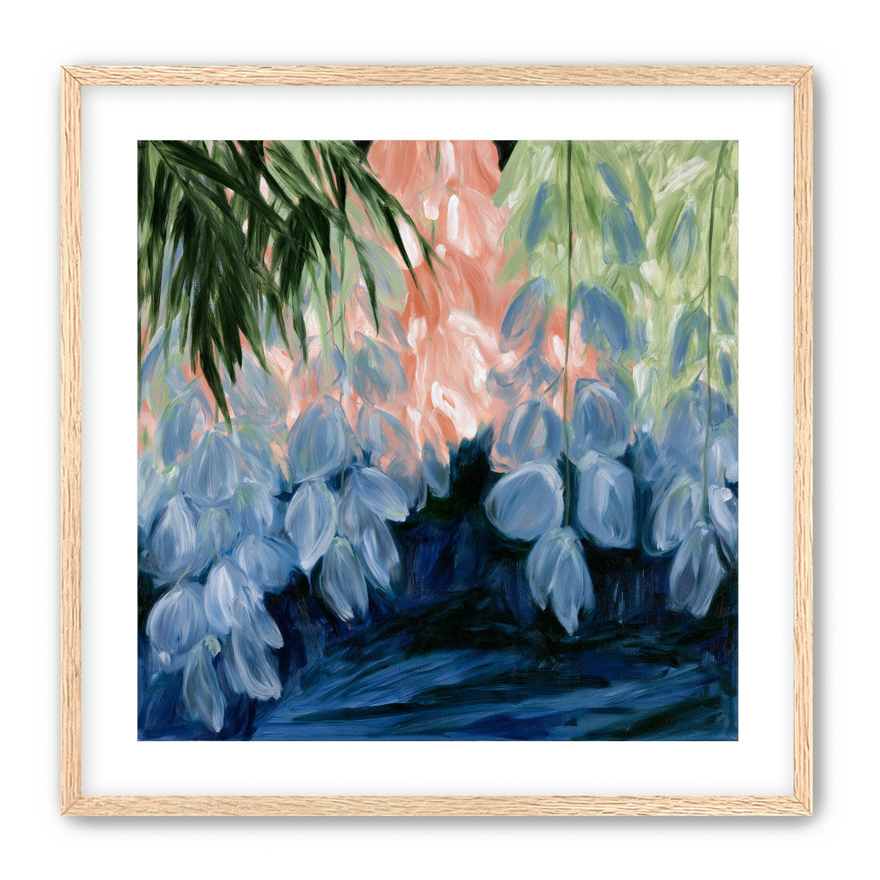 Blue flowers under green leaves