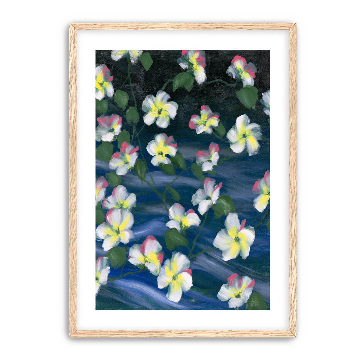 White flowers across deep blue