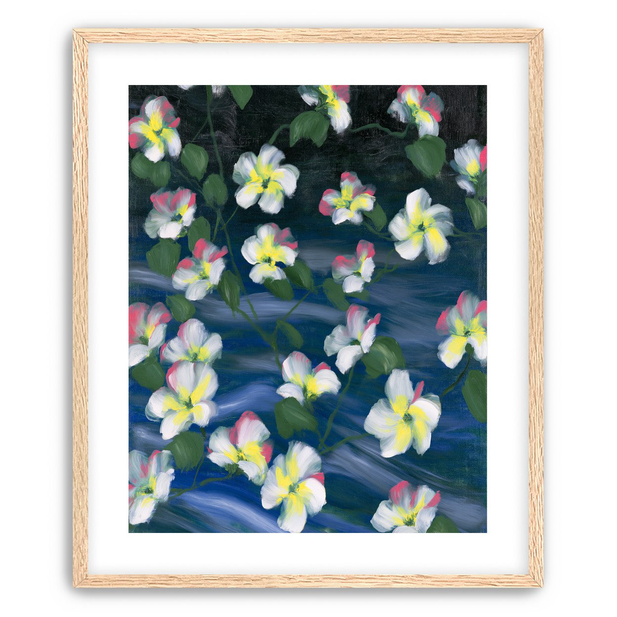 White flowers across deep blue