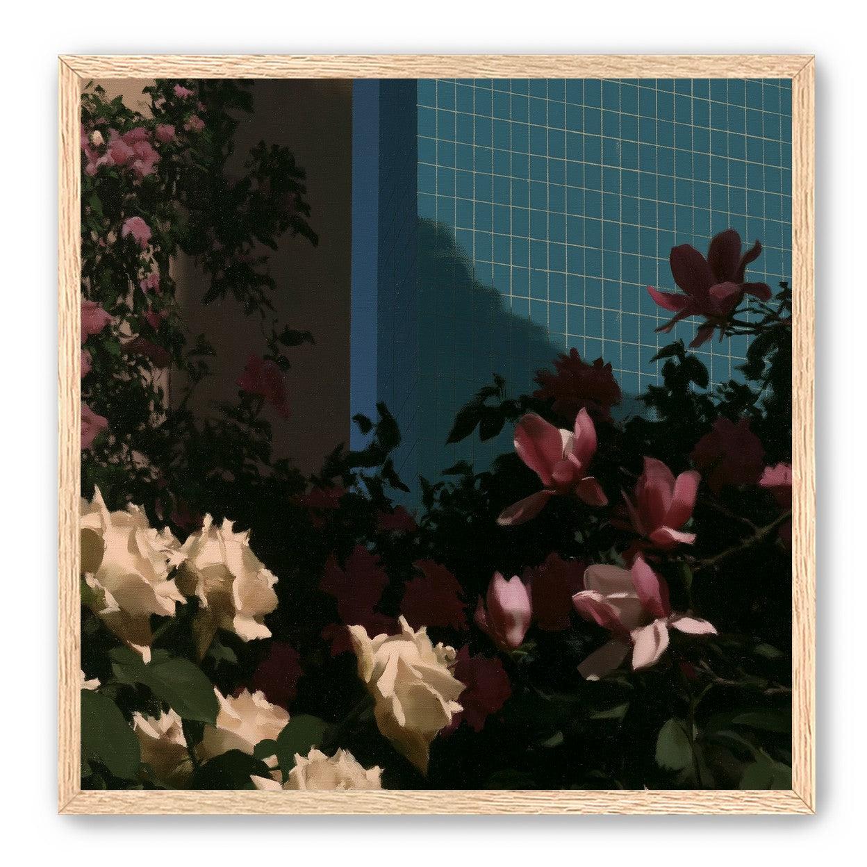 Flowers beneath the tiled wall