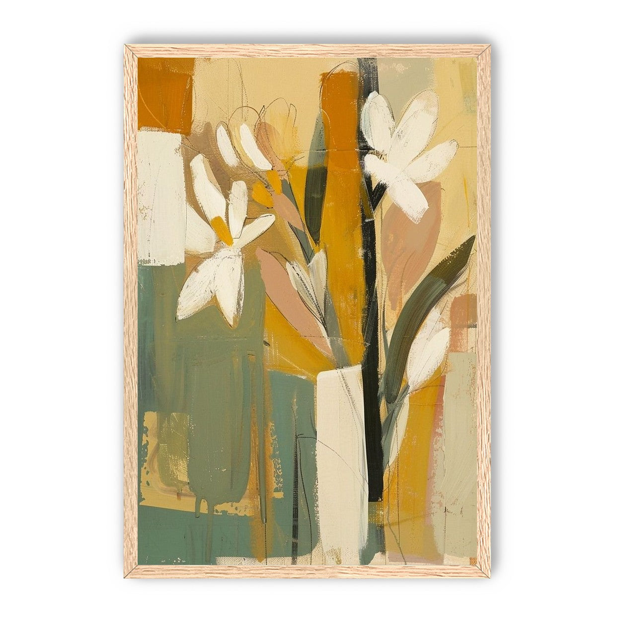 White flowers in ochre blocks