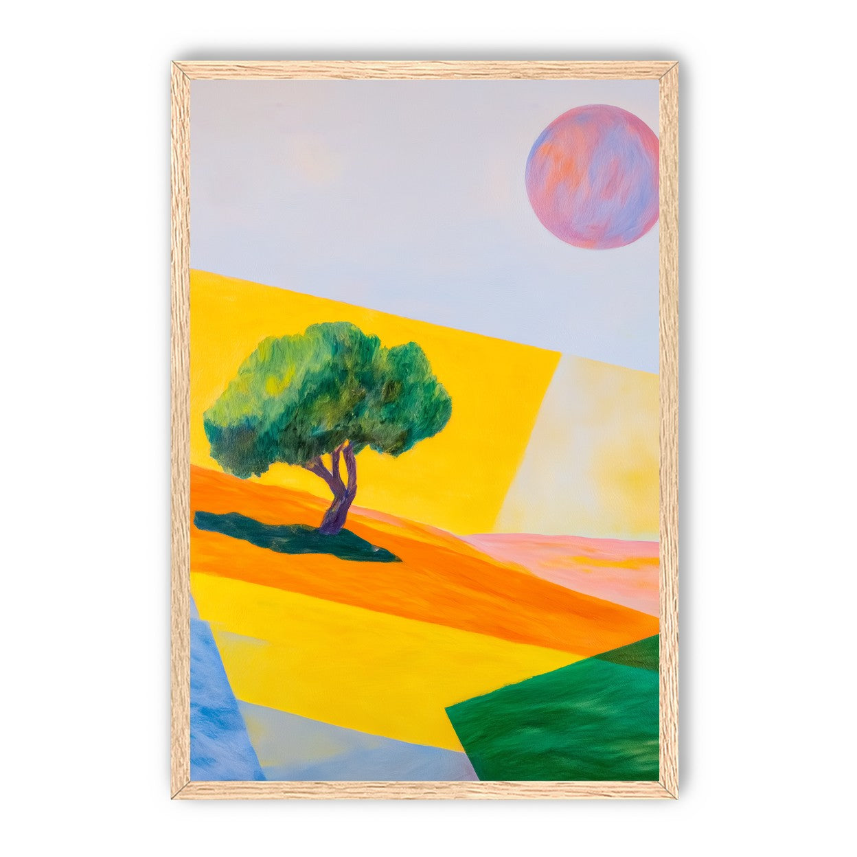 Pink sun over yellow hills