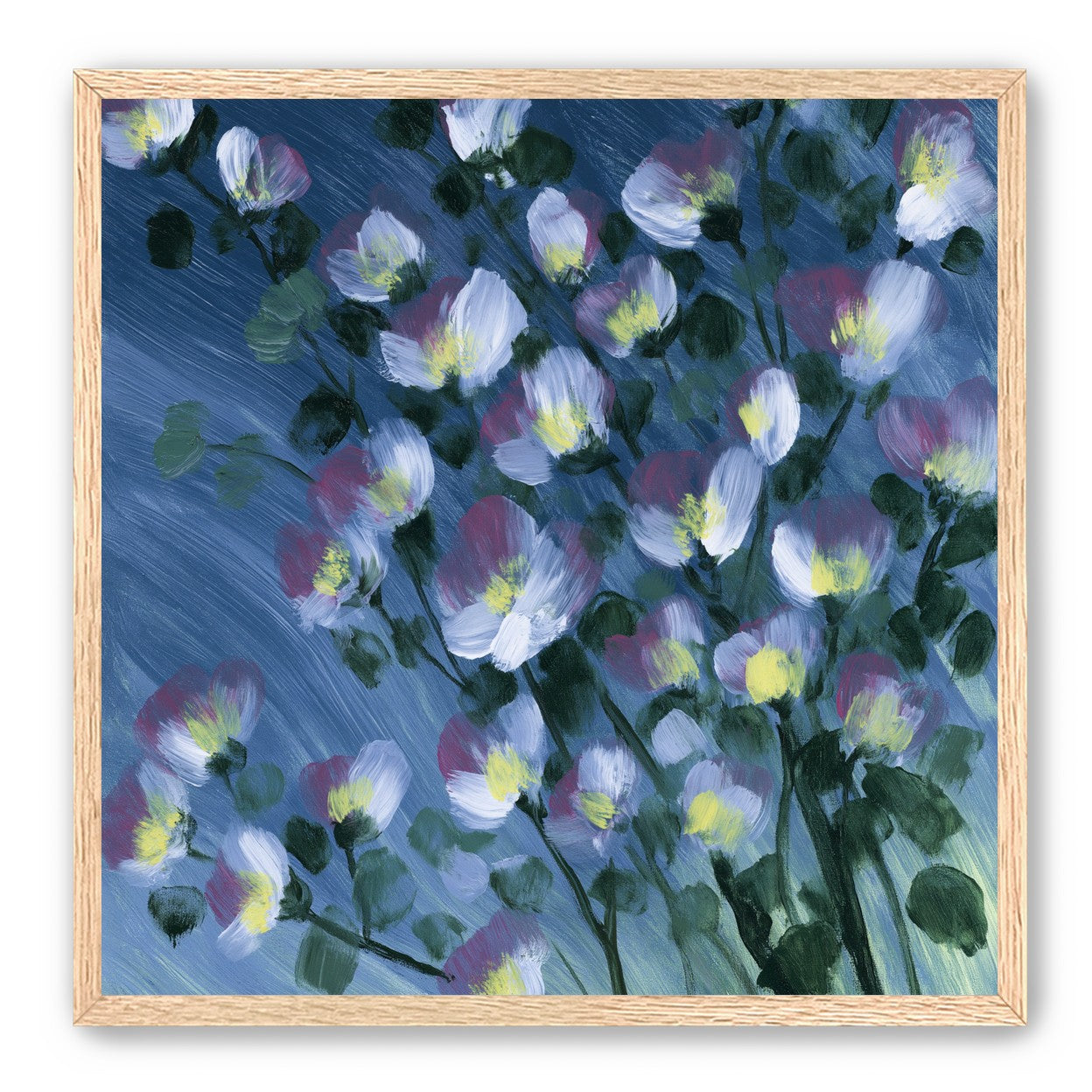 White blossoms on blue field