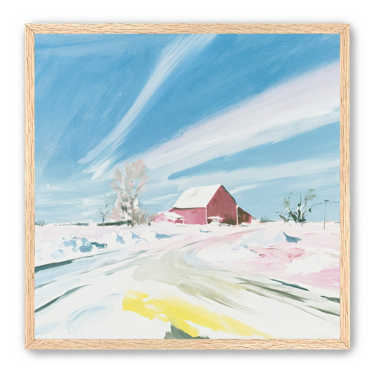 White sky over red barn