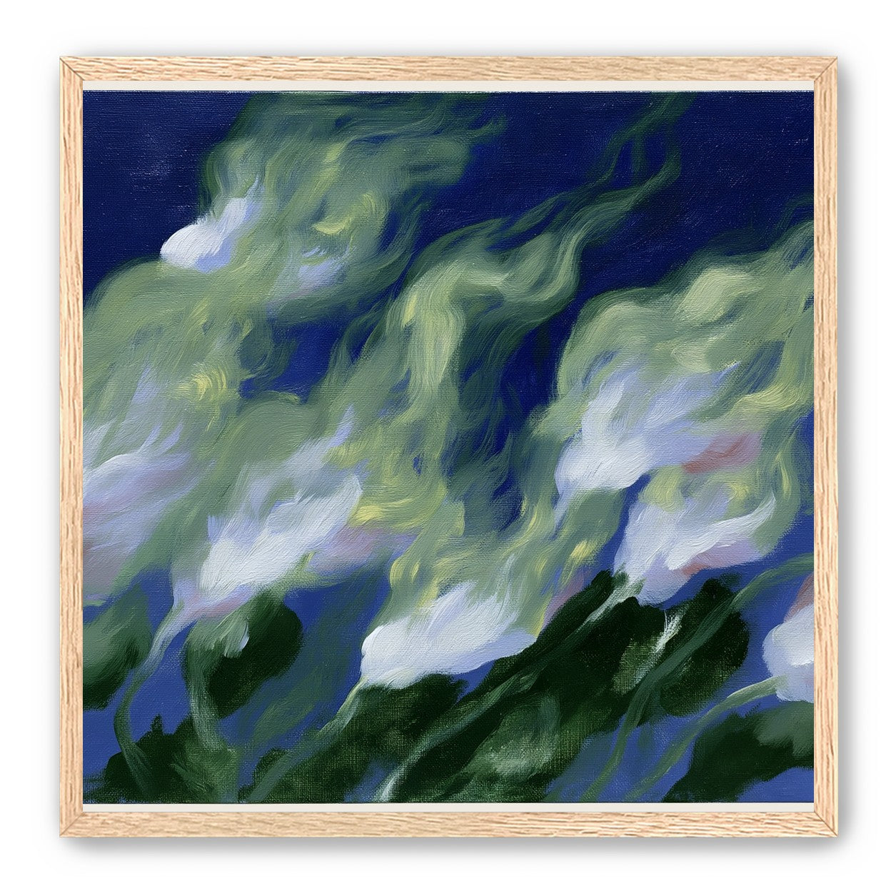 Pale flowers across blue field