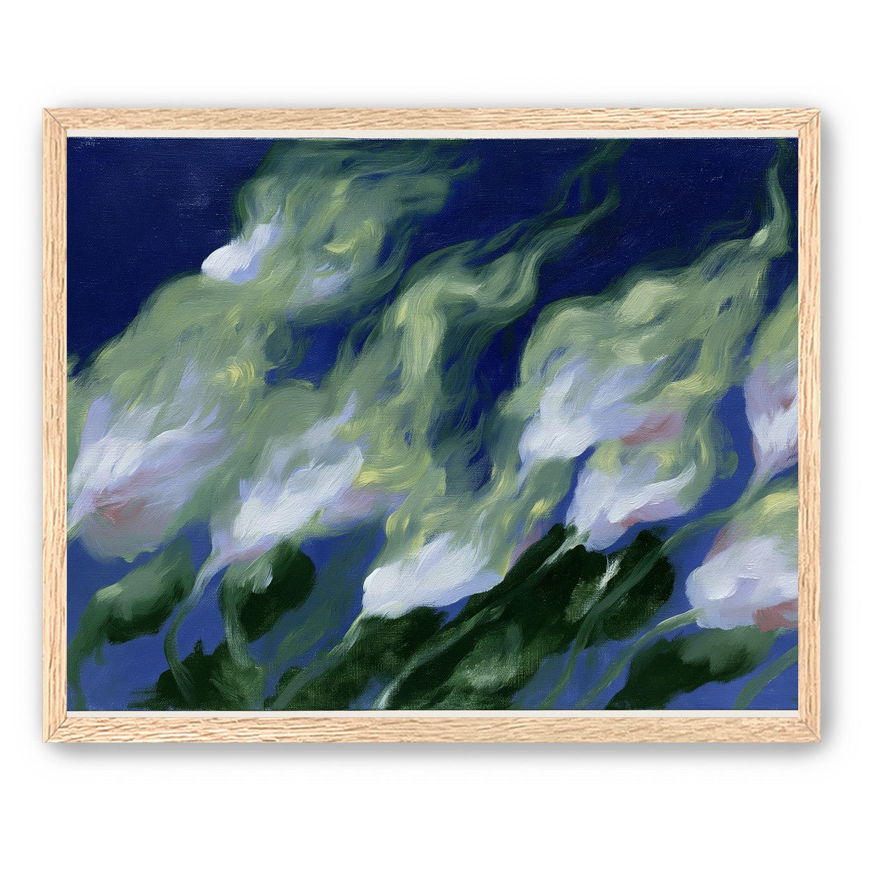 Pale flowers across blue field