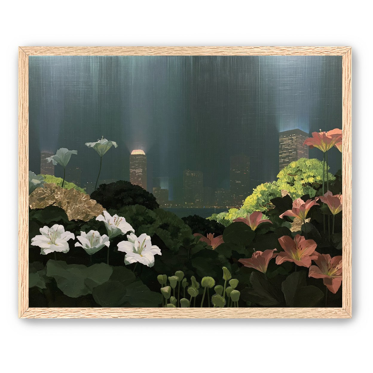 Lilies against the lit skyline