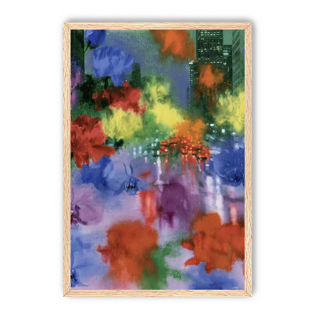 Neon traffic under painted blooms