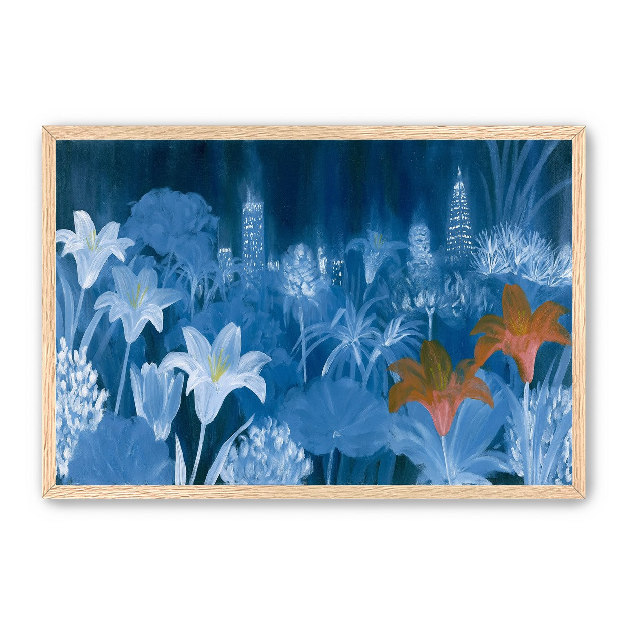 City lights behind lilies