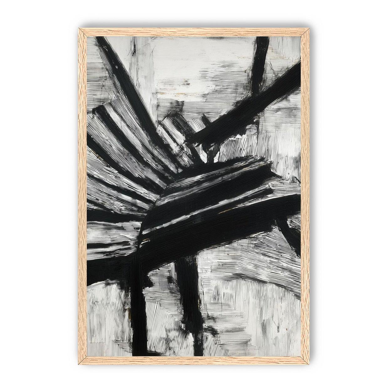 Non-Representational: Thick black brushstrokes cross and stack over a white surface filled with fine scratched lines.
