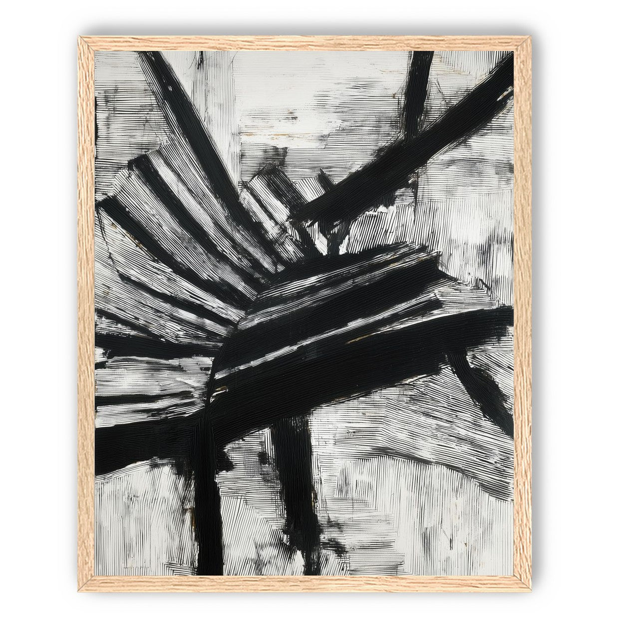 Non-Representational: Thick black brushstrokes cross and stack over a white surface filled with fine scratched lines.