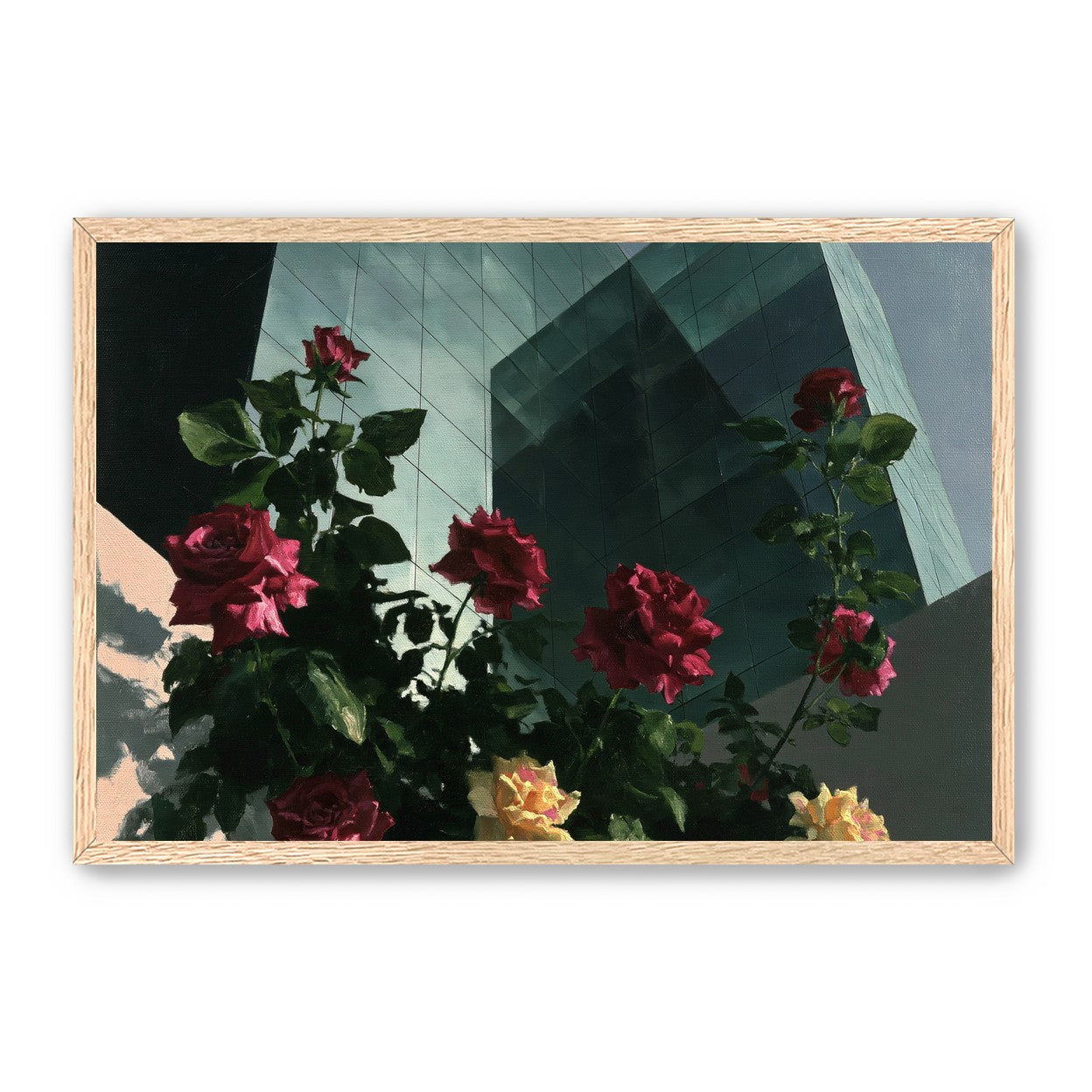 Roses against glass towers