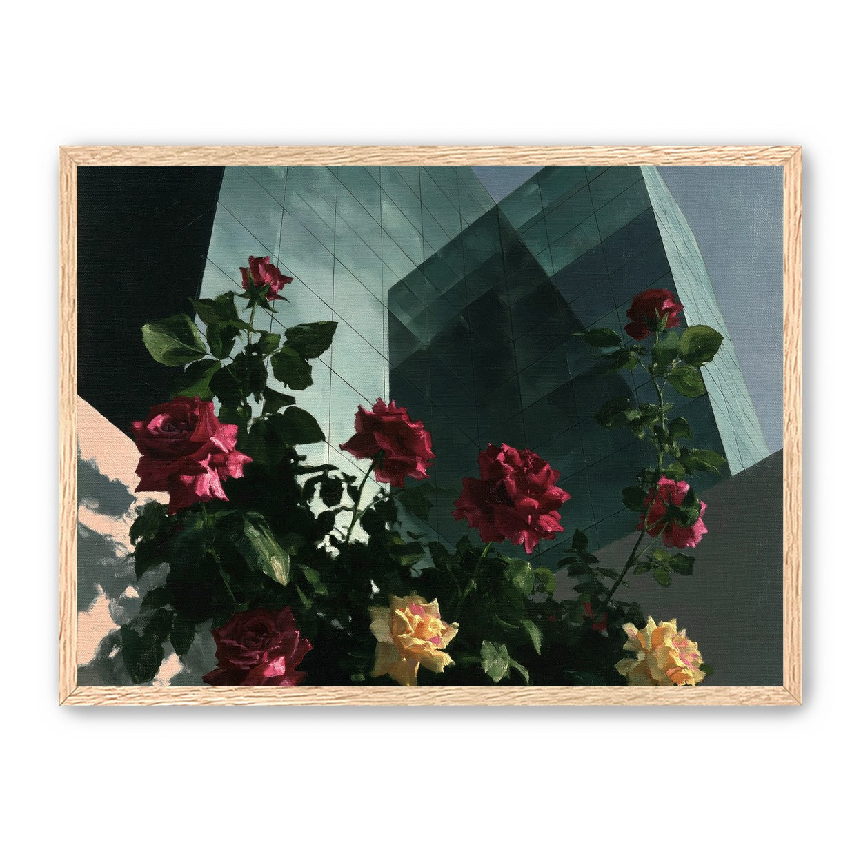 Roses against glass towers