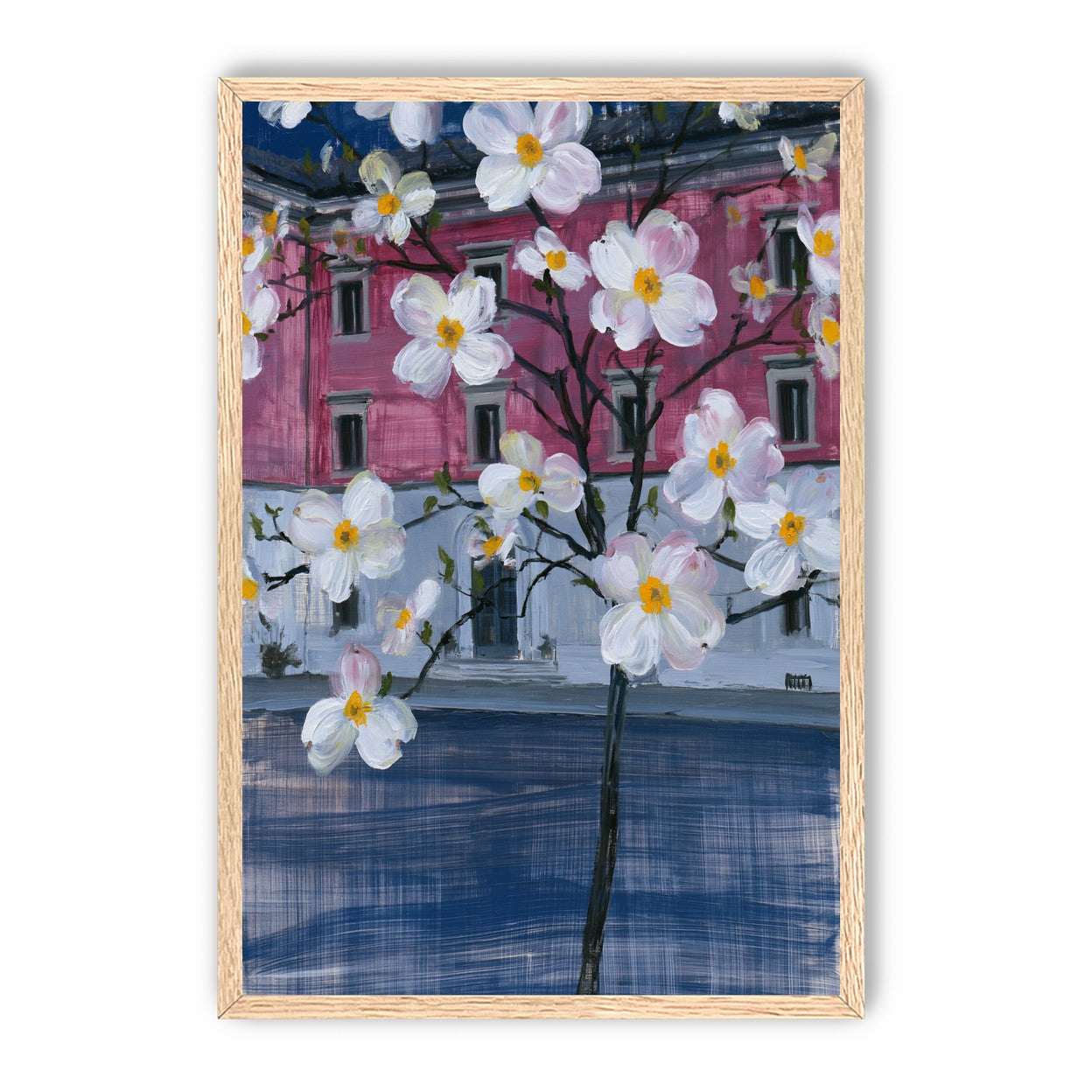 White blossoms over the pink house