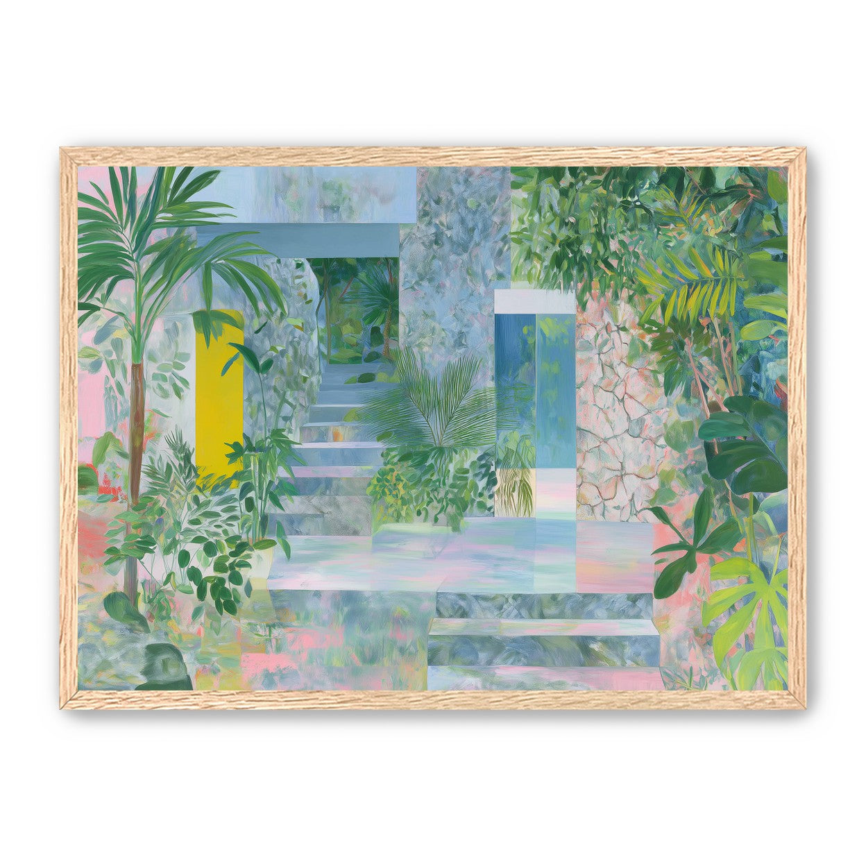 Pastel stairs between yellow and blue doors