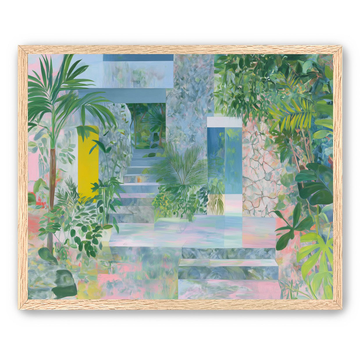 Pastel stairs between yellow and blue doors