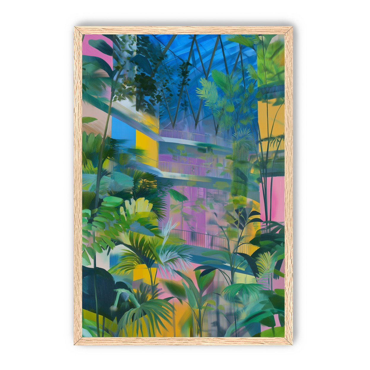 Blue roof over pink atrium