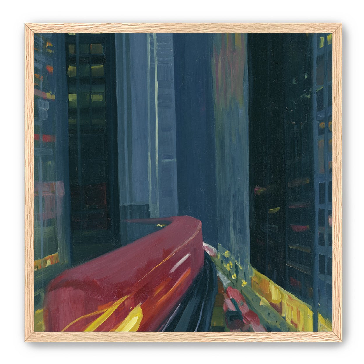 Red train in blue towers
