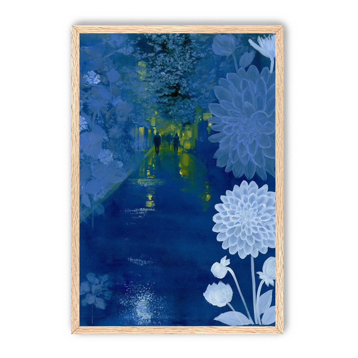 Two walkers under giant flowers