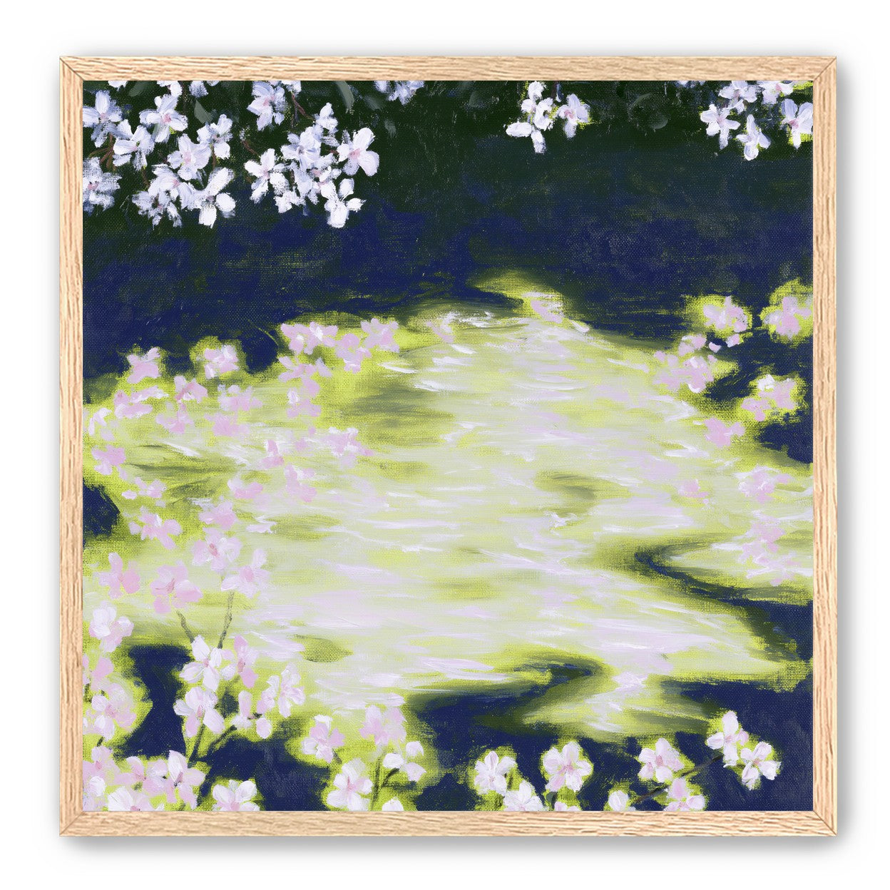 Petals crossing the bright water